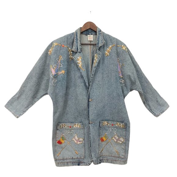 Vintage Laura Rogers Originals Jean Blazer Womens Large Blue Hand Painted Art - Picture 1 of 11